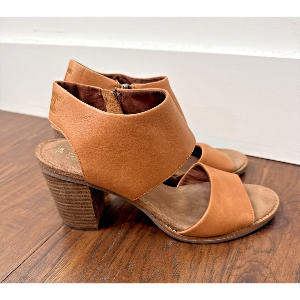 TOMS Majorca Leather Peep Toe Ankle Block Heels British Tan Cut Out Women's 9
